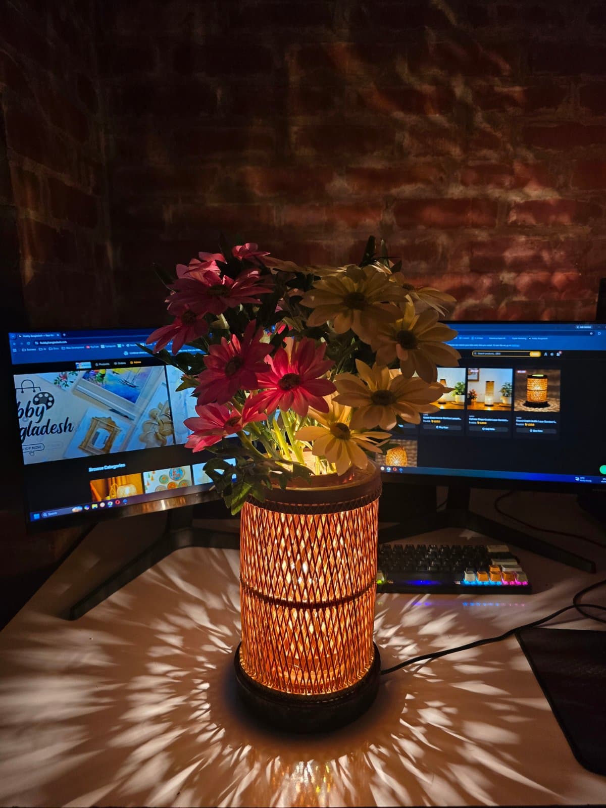 Round Shape Double Layer Bamboo Table Lampshade With Zinnia (Lemon Yellow + Pink Color)